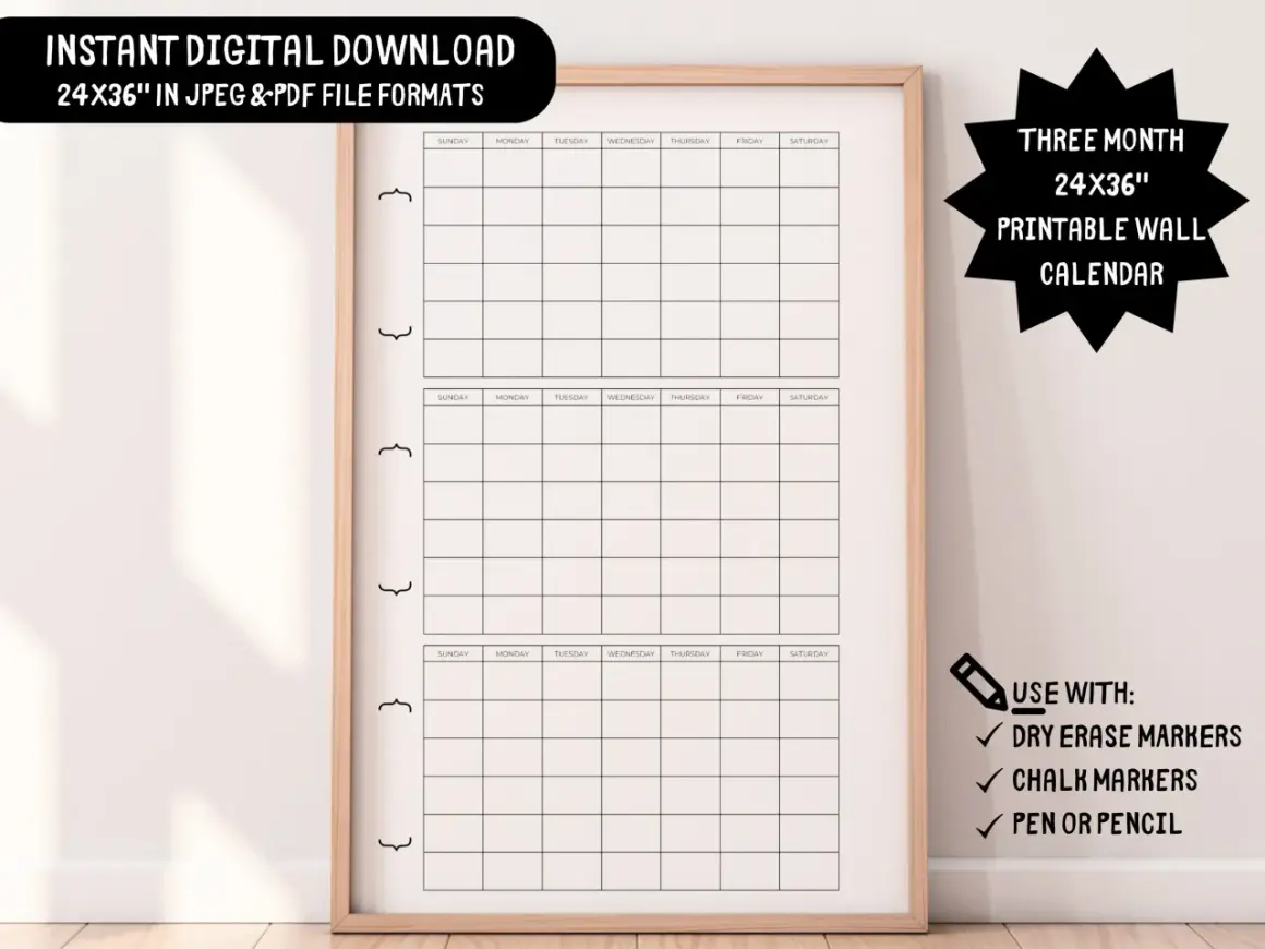 Calendario trimestral de pared imprimible, 24x36 pulgadas, ideal para planificar tus meses.