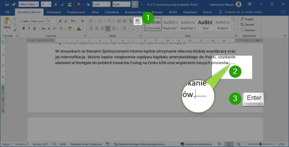 Zrzut ekranu z programu Microsoft Word pokazujący pustą stronę z zaznaczonymi elementami interfejsu.
