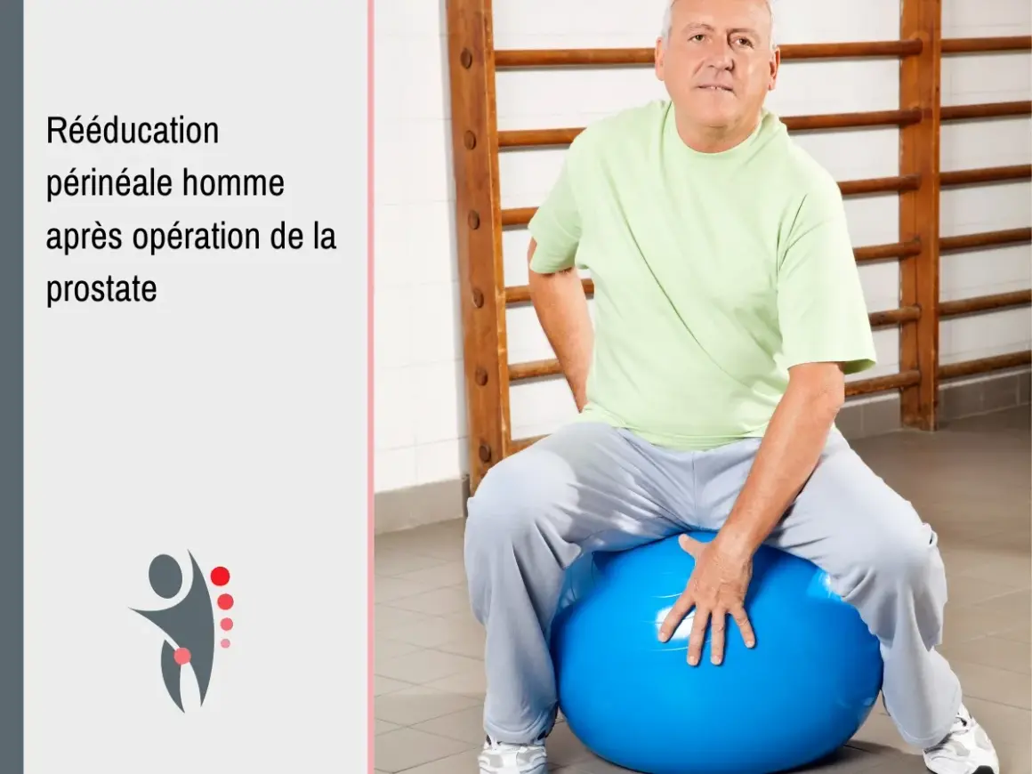Homme âgé en rééducation périnéale après opération de la prostate, assis sur un ballon de gym bleu.