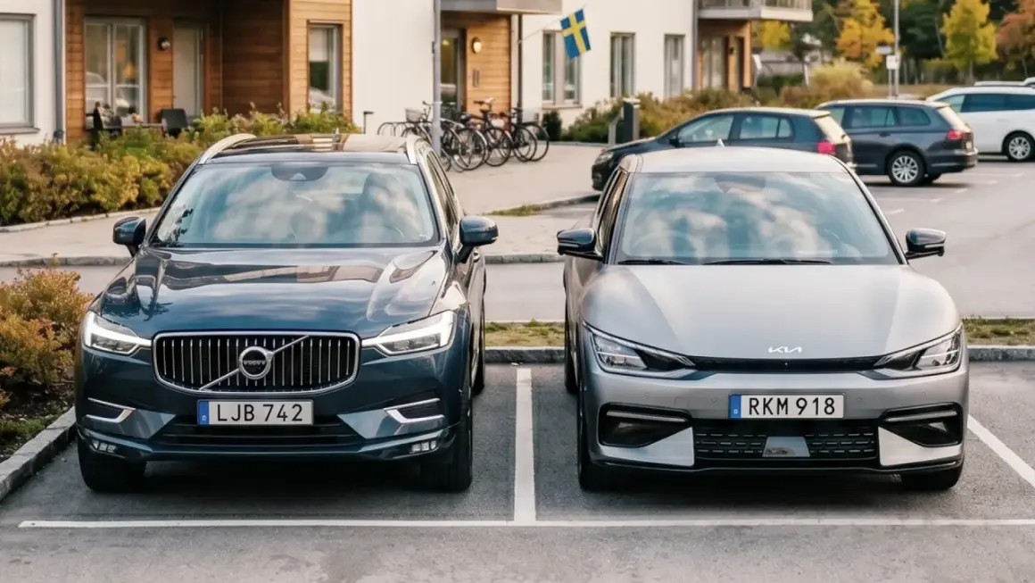 Två elbilar, en Volvo och en Kia, parkerade framför ett modernt hus. Kanske redo för en resa med klimatbonus elbil.