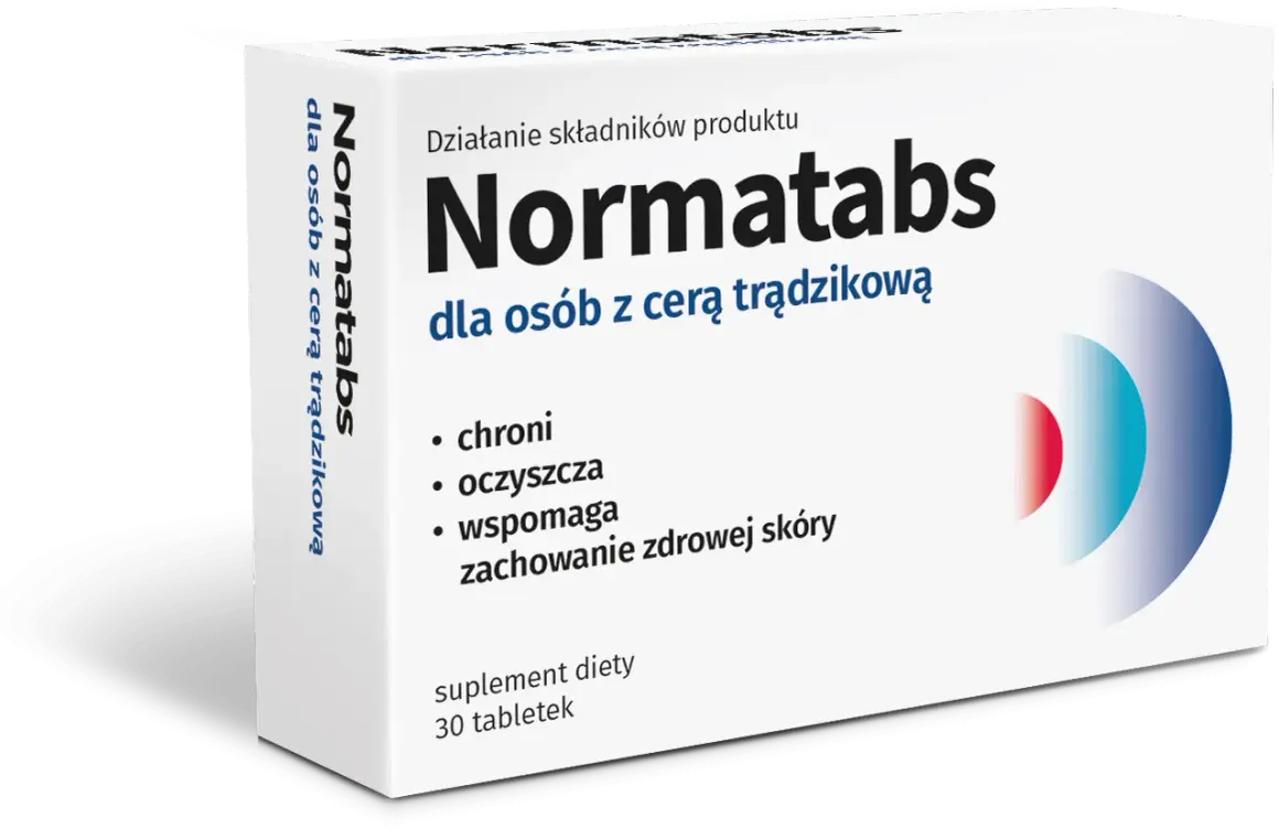 Opakowanie suplementu diety Normatabs dla osób z cerą trądzikową. Wspiera ochronę, oczyszczanie i zdrowy wygląd skóry.