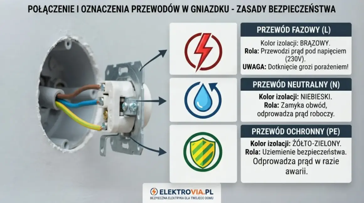 W gniazdku widać przewody: brązowy (fazowy), niebieski (neutralny) i żółto-zielony (ochronny).