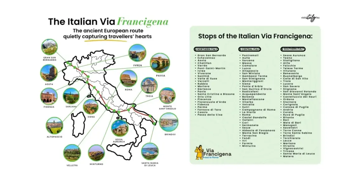 Mappa della Via Francigena con le tappe italiane, da Gran San Bernardo a Santa Maria di Leuca.