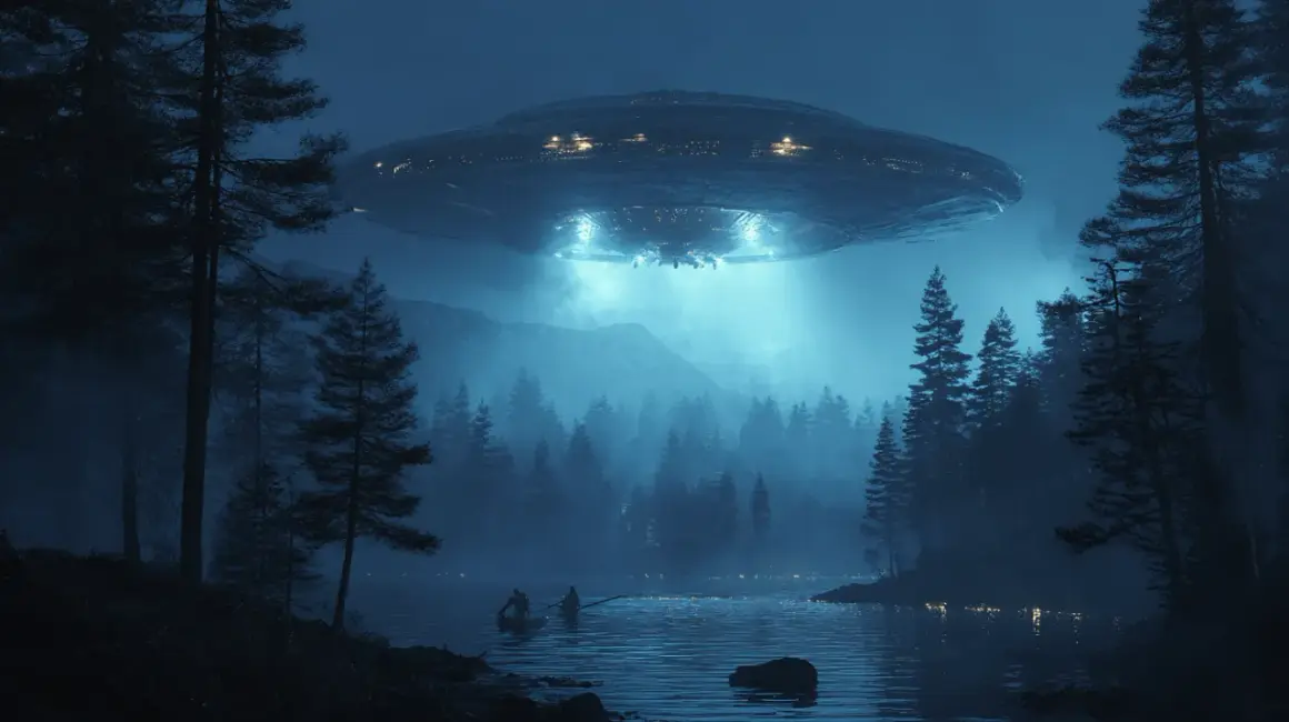 Nocny las nad jeziorem, nad którym unosi się lśniący statek obcych. Scena jak z książek o ufo, z dwoma rybakami w łodzi.