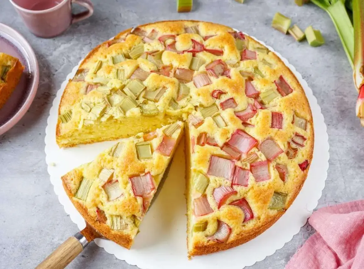 Ein saftiger Rhabarberkuchen, der aussieht wie der beste Rhabarberkuchen. Mit vielen roten und grünen Rhabarberstücken.