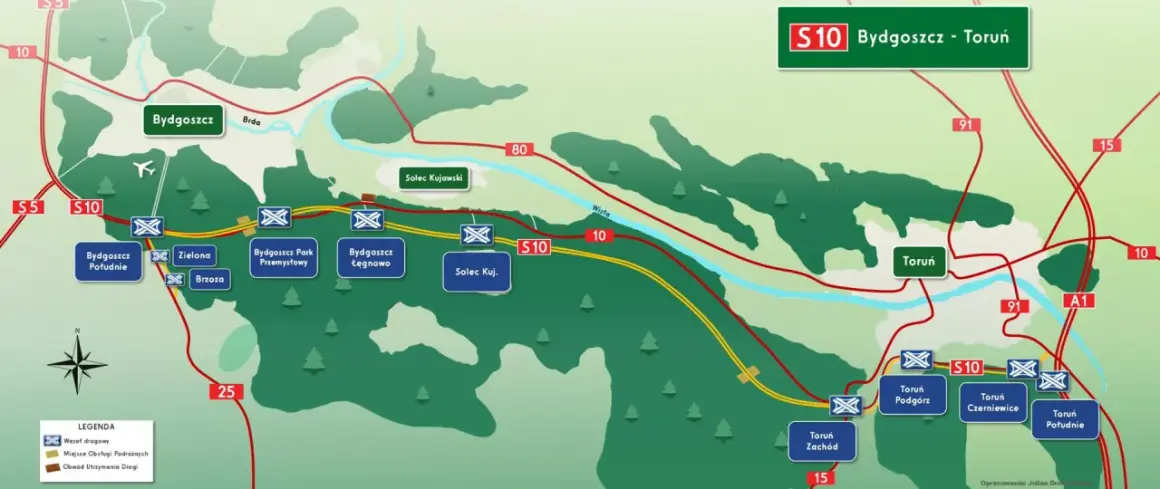 Mapa drogowa S10 Bydgoszcz - Toruń. Pokazuje węzły drogowe, MOPy i obwody utrzymania drogi między Bydgoszczą a Toruniem.