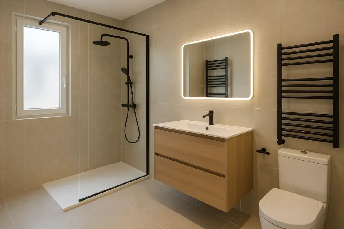Une salle de bain aménagée moderne avec douche à l'italienne, meuble vasque en bois, miroir lumineux et sèche-serviettes noir.