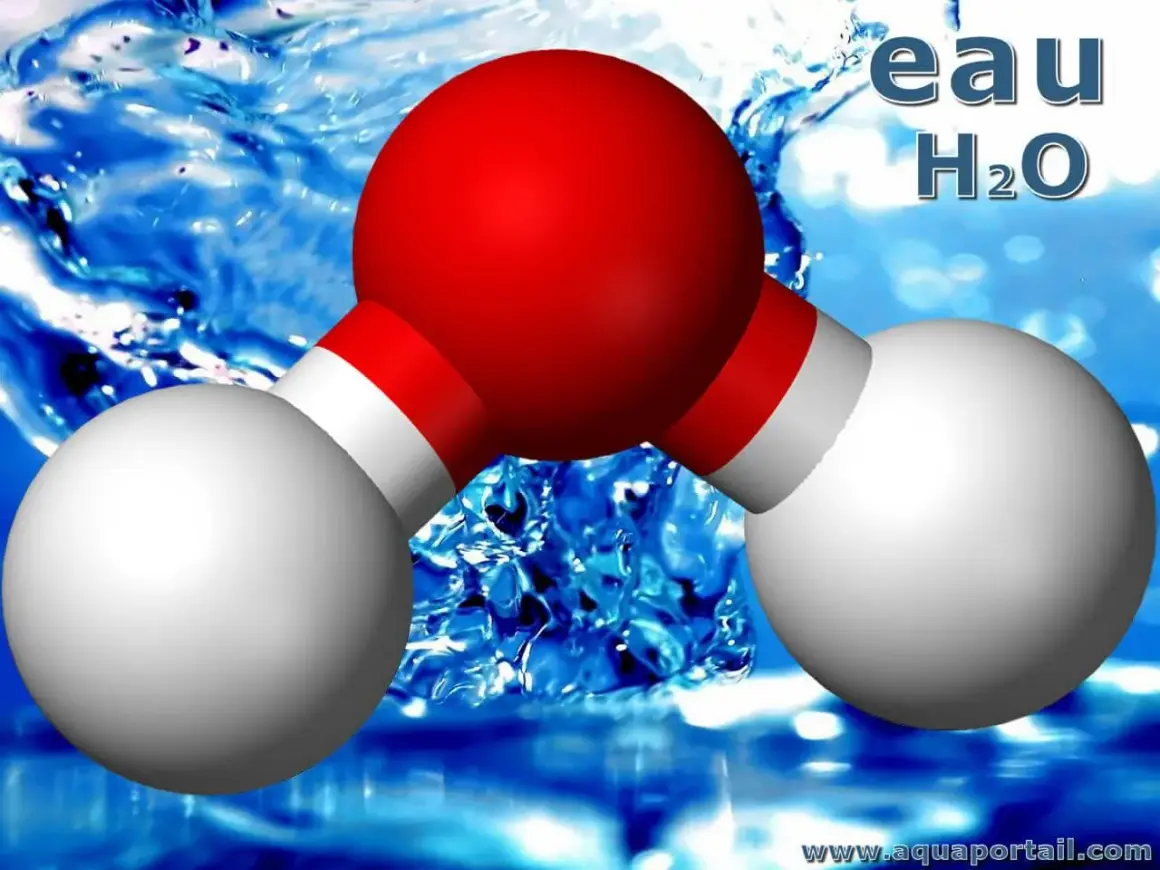 Molécule d'eau H₂O, symbole de la vie et de la pureté, dans un fond aquatique vibrant.