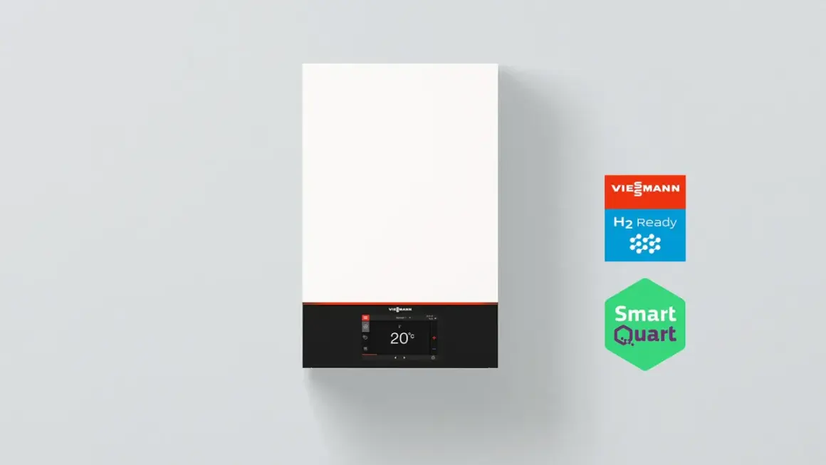 Nowoczesny piec na wodór Viessmann H2 Ready, z wyświetlaczem pokazującym 20°C.