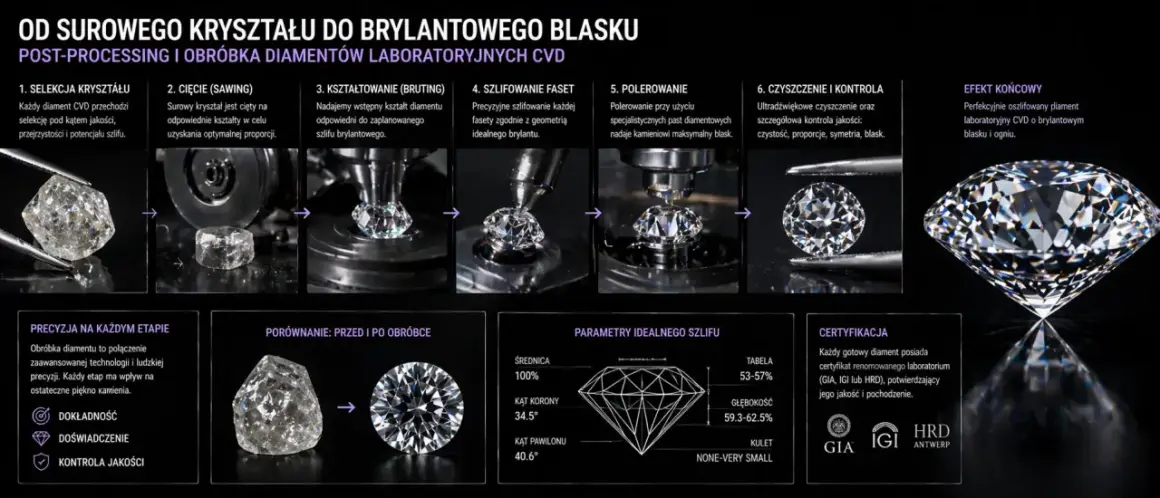 Proces tworzenia diamentu: od surowego kryształu do brylantowego blasku. Zobacz, jak wygląda diament po precyzyjnej obróbce.