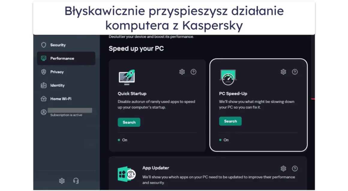 Interfejs Kaspersky Free pokazuje opcje przyspieszania komputera, takie jak Quick Startup i PC Speed-Up.