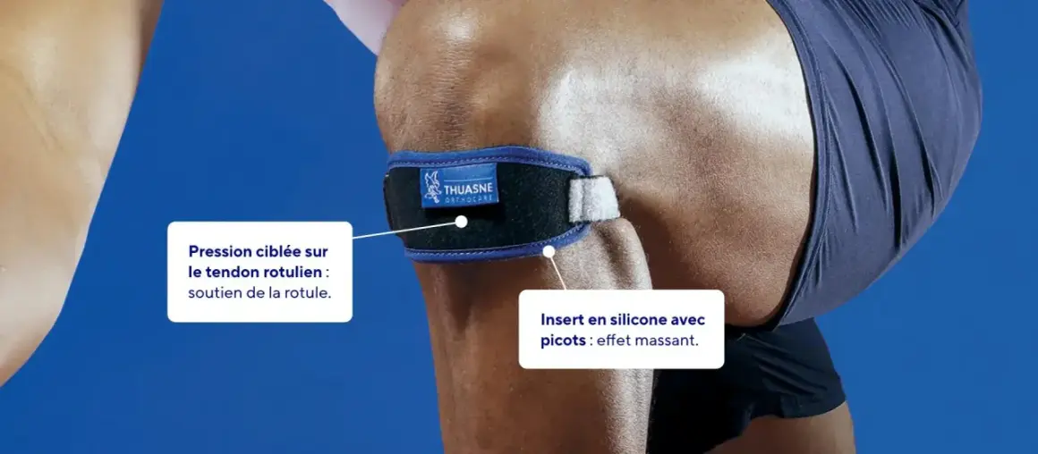 Strap genoux tuto : ce bandeau Thuasne offre un soutien rotulien avec pression ciblée et insert silicone massant.