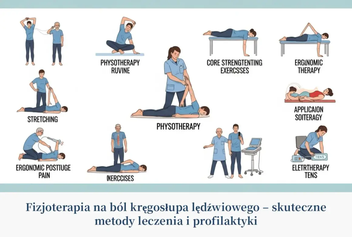 Ilustracje pokazują różne ćwiczenia po złamaniu kręgosłupa lędźwiowego: fizjoterapię, ćwiczenia wzmacniające core, rozciąganie, terapię TENS.