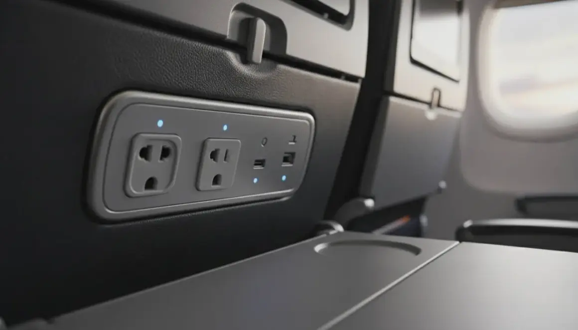 W samolotach są gniazdka! Widok na panel z gniazdkami elektrycznymi i portami USB w fotelu samolotowym, gotowy do ładowania urządzeń.