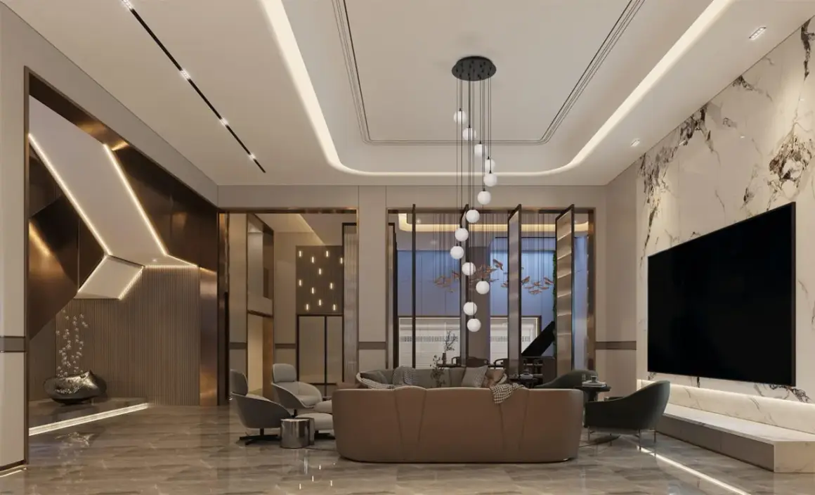 Nowoczesna lampa wisząca z białymi kulami oświetla elegancki salon z marmurową ścianą i wygodną kanapą.