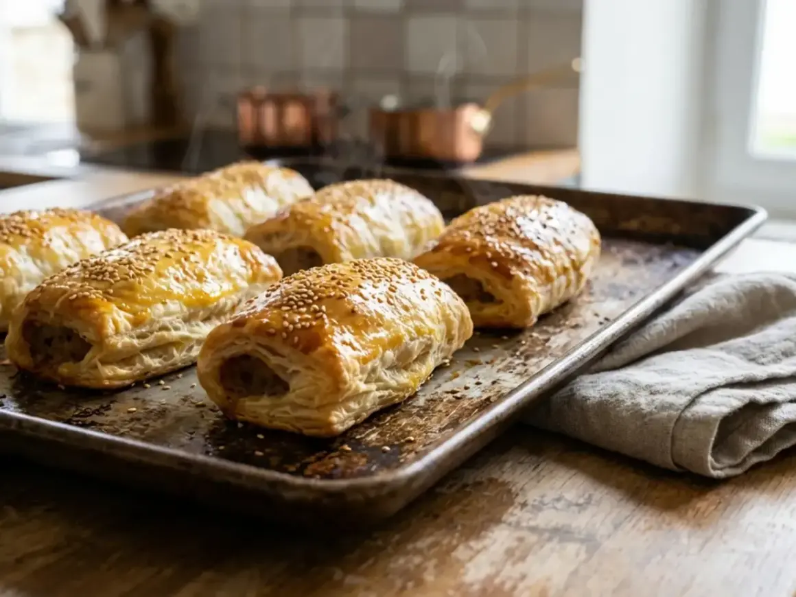 Six feuilletés saucisse dorés et parsemés de graines de sésame sur une plaque de cuisson.