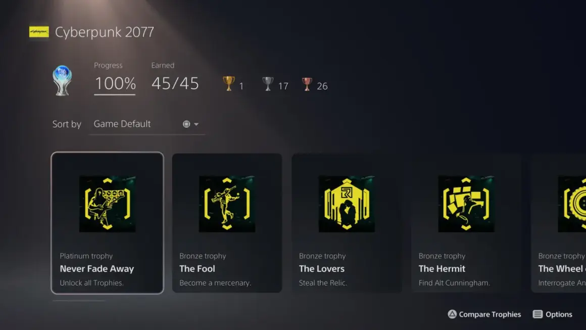 Cyberpunk 2077 trofea: 100% ukończenia, platynowe trofeum "Never Fade Away" i wiele innych.