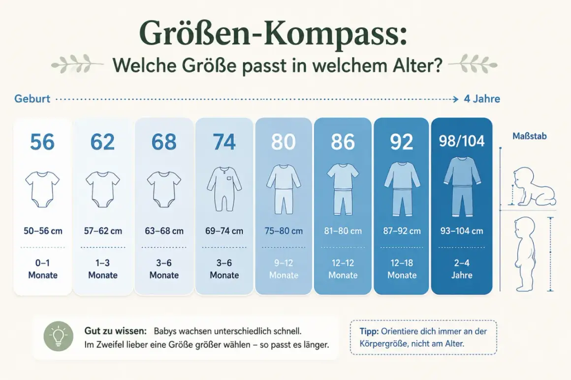Größenkompass: 86/92 passt für 12-18 Monate. Orientierung an Körpergröße statt Alter.
