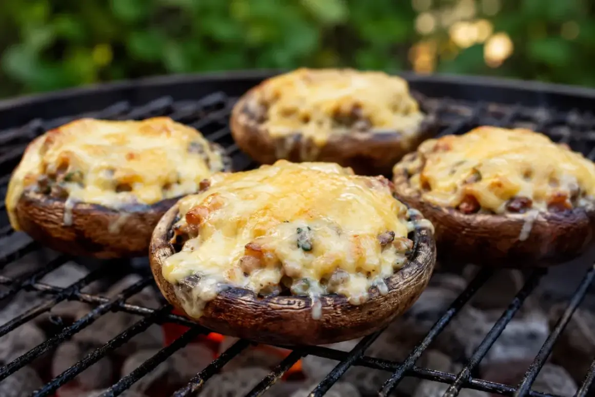 Pyszne pieczarki faszerowane mięsem mielonym i zapieczone pod serem, grillowane na węglu.