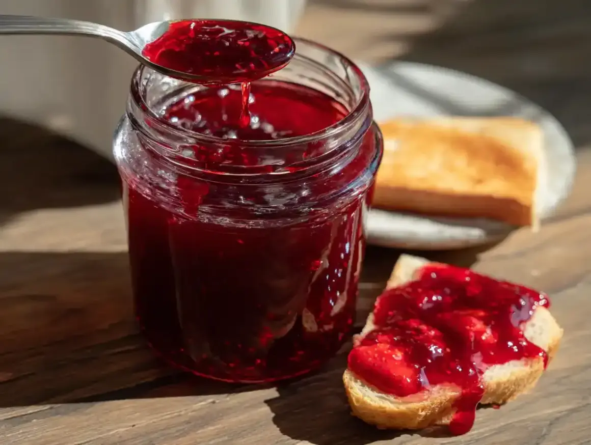 En sked med röd jordgubbssylt droppar ner i ett glasburk. En bit rostat bröd med sylt ligger bredvid. Perfekt för ett enkelt jordgubbssylt recept.