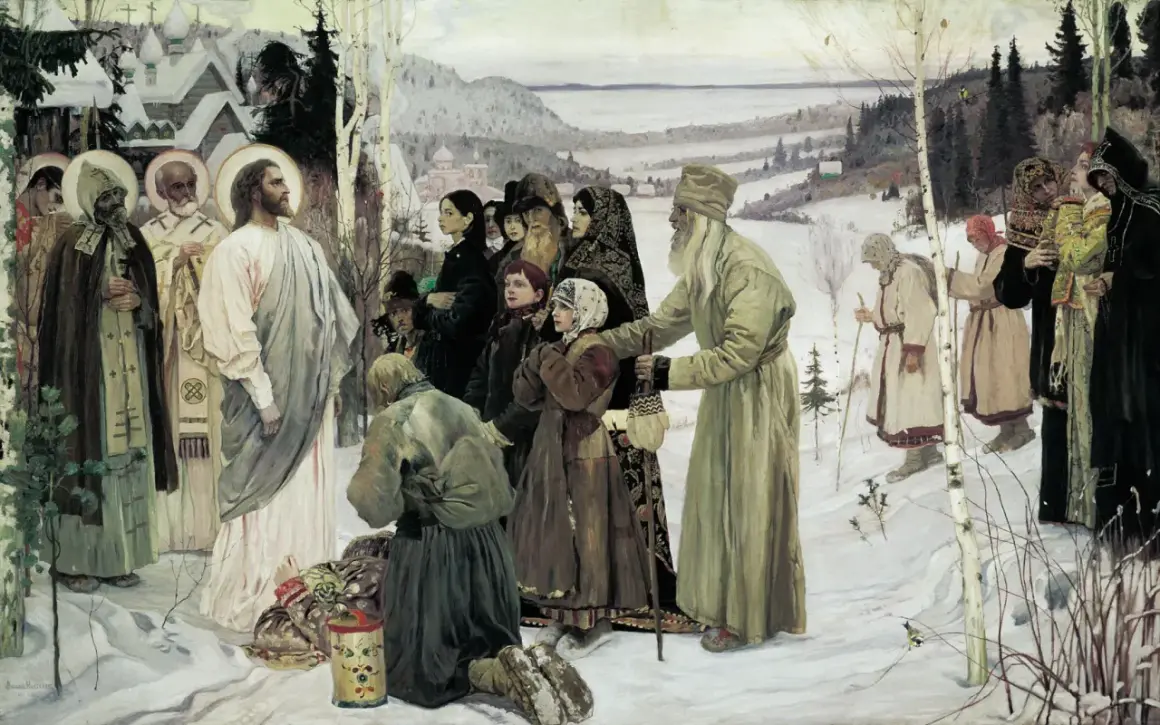 W zimowym krajobrazie, wśród ludu, Chrystus błogosławi, symbolizując polska chrystusem narodów.