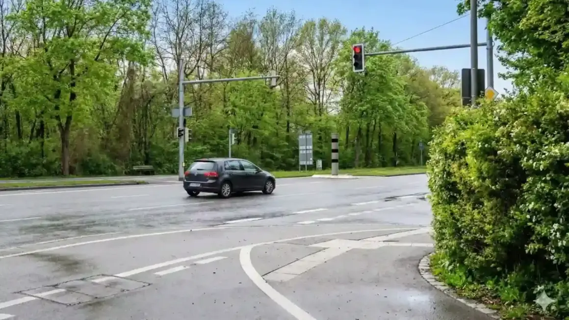 Ein dunkler Golf fährt über eine nasse Straße, die Ampel zeigt rot. Hoffentlich hat er nicht bei rot geblitzt.