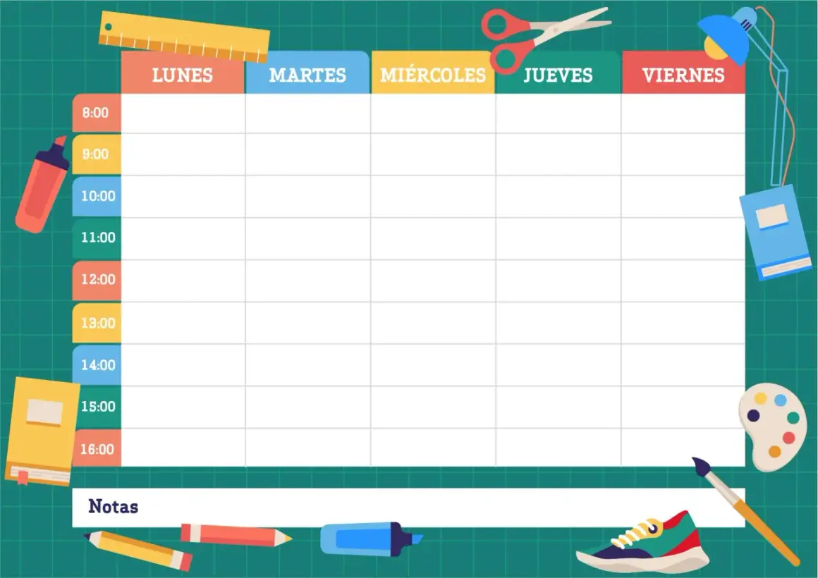 Plantillas de horarios para rellenar e imprimir en Word. Organiza tu semana con este diseño escolar, listo para usar.