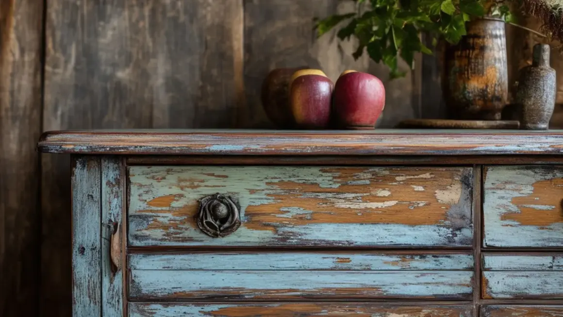 Commode ancienne avec un relook et patine bleu et bois, ornée de pommes et d'un vase.