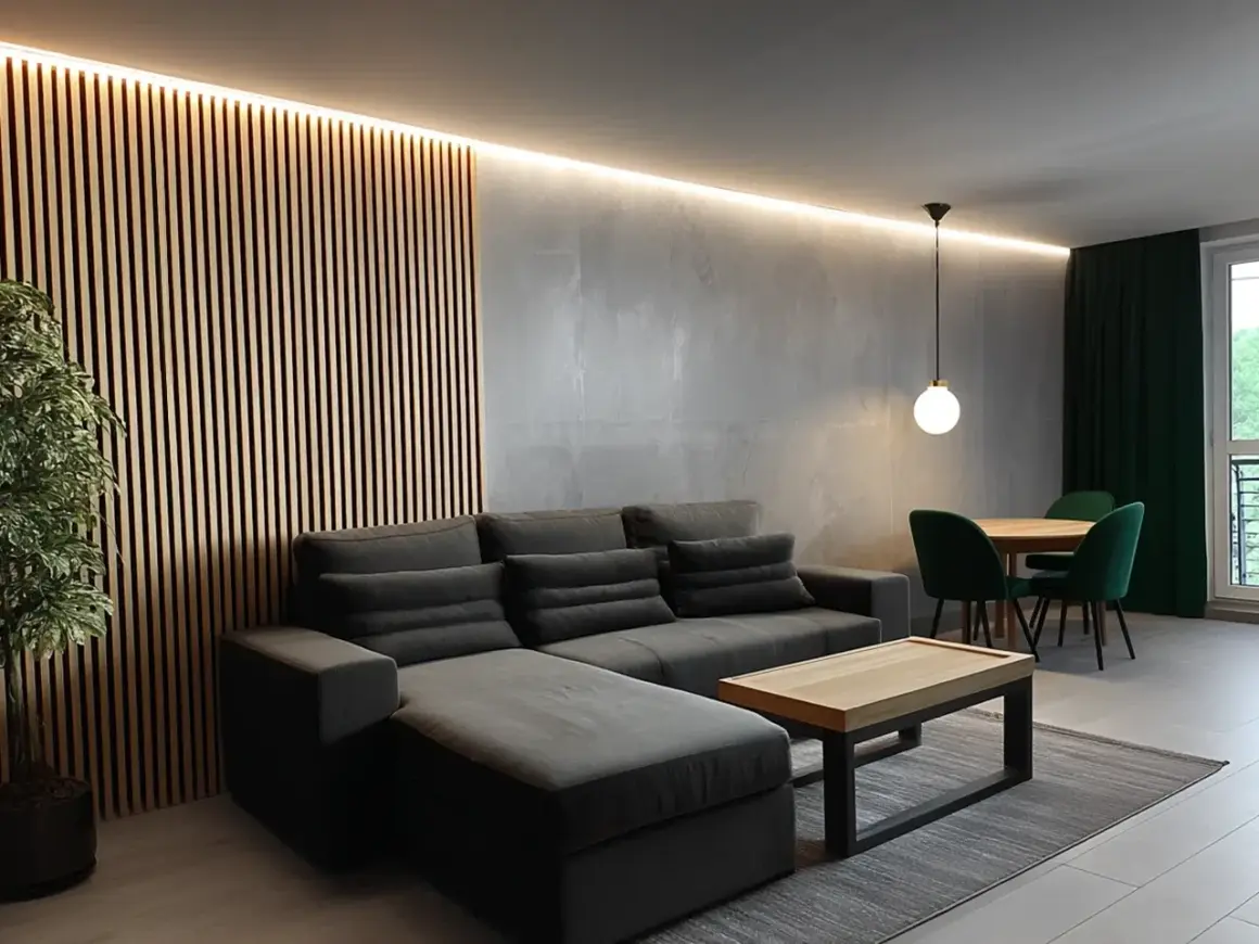Nowoczesny **styl industrialny salon loft** z szarą sofą, drewnianą ścianą i zielonymi akcentami.