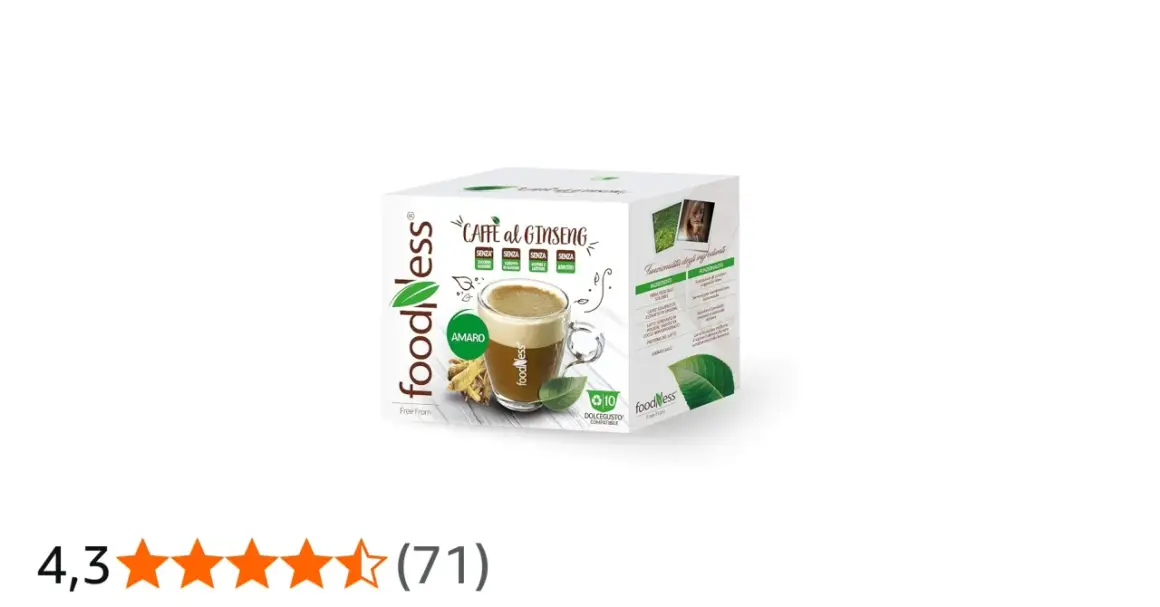 Scatola di caffè al ginseng Foodness, con tazza di bevanda e radici di ginseng. Illustra la differenza tra caffè e ginseng.