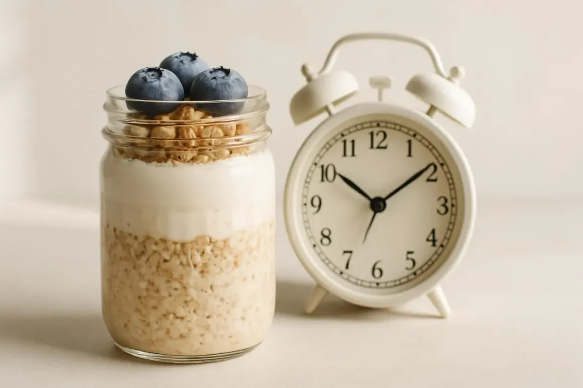 Barattolo con yogurt, mirtilli e fiocchi d'avena, accanto a una sveglia. La colazione è pronta!