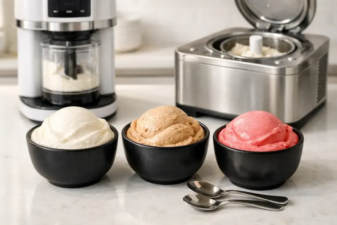 Drei Schalen mit cremigem Eis: Vanille, Karamell und Erdbeere. Daneben Eismaschinen, die den perfekten Eis bindemittel-Genuss versprechen.