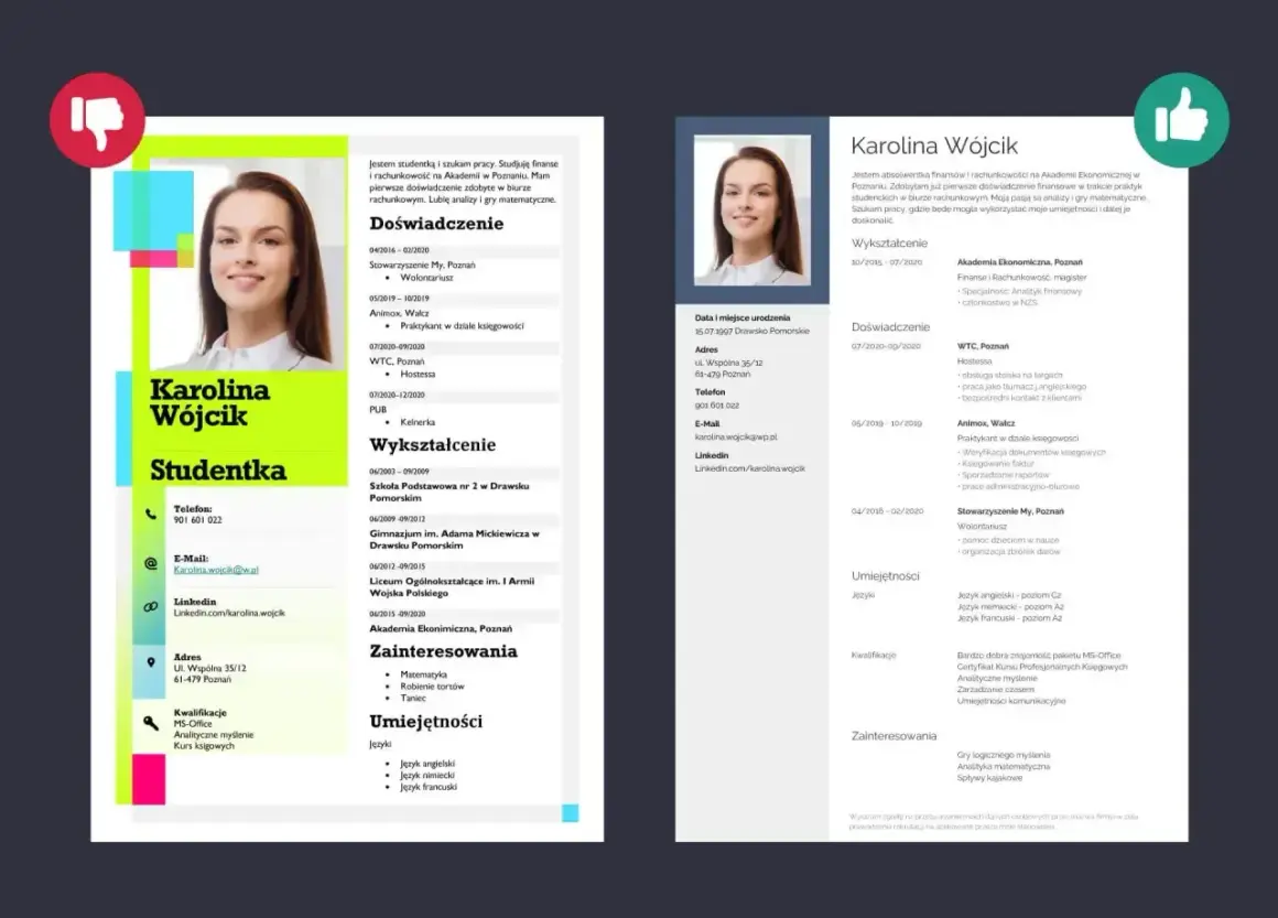 CV bez doświadczenia: Karolina Wójcik, studentka finansów, szuka pracy, ma pierwsze doświadczenie w biurze rachunkowym.