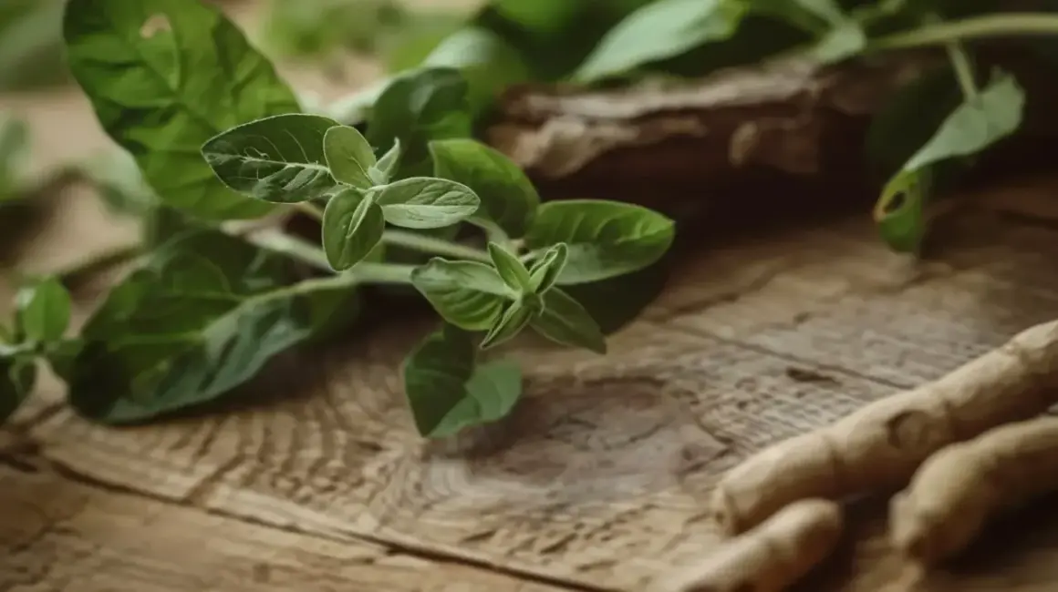 Gałązki z zielonymi liśćmi i korzenie, być może ashwagandha, na drewnianym tle. Mogą wspierać tarczycę.