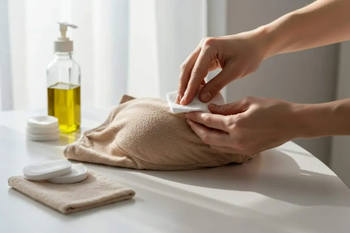 Main douce utilisant un coton imbibé d'huile pour aider à comment enlever un pansement sur des poils sans douleur.