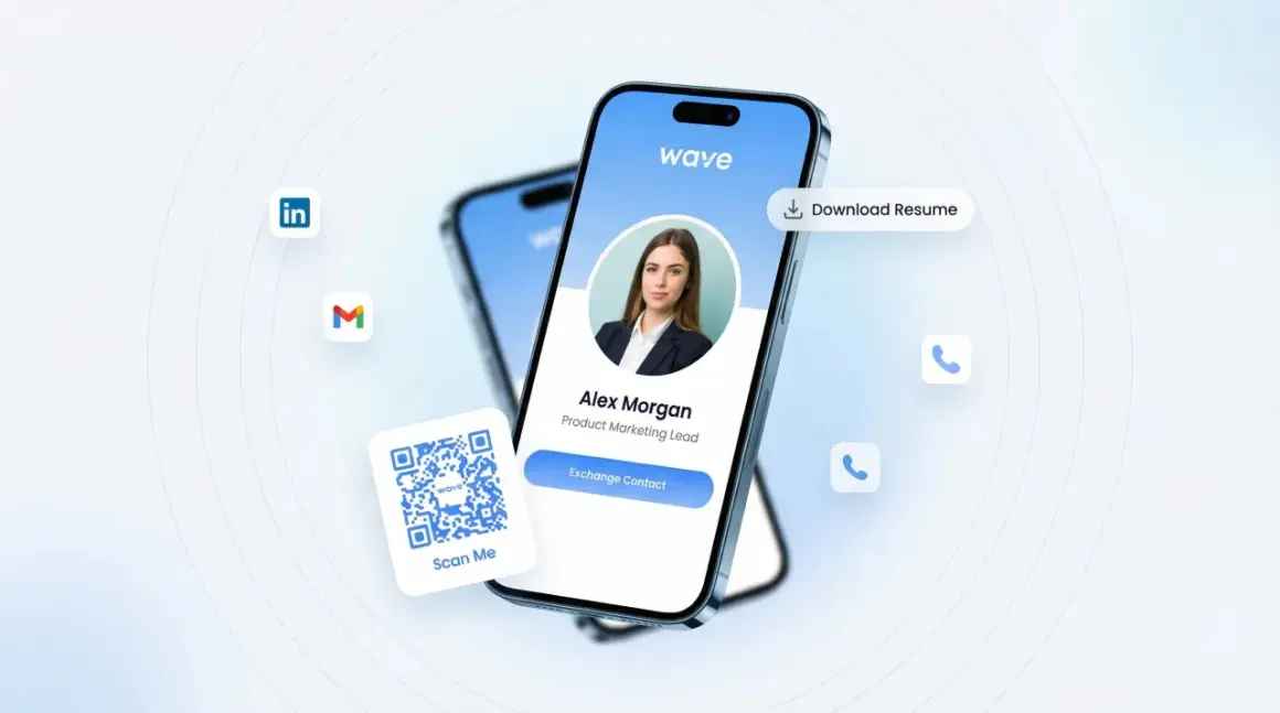 Learn how to make a digital business card with this visual guide. A smartphone displays a profile with contact options, a QR code, and social media icons.