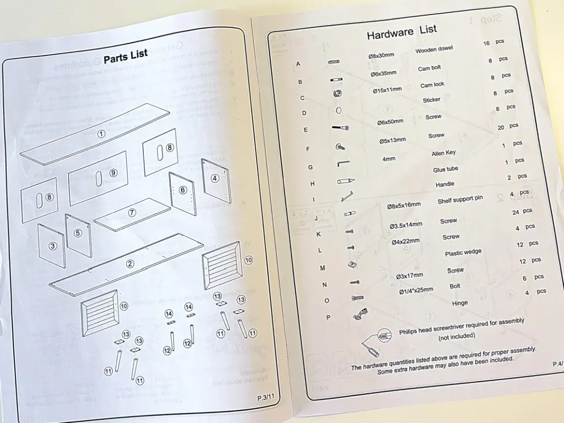 Diagrams and lists for furniture assembly instructions, showing parts and hardware needed.
