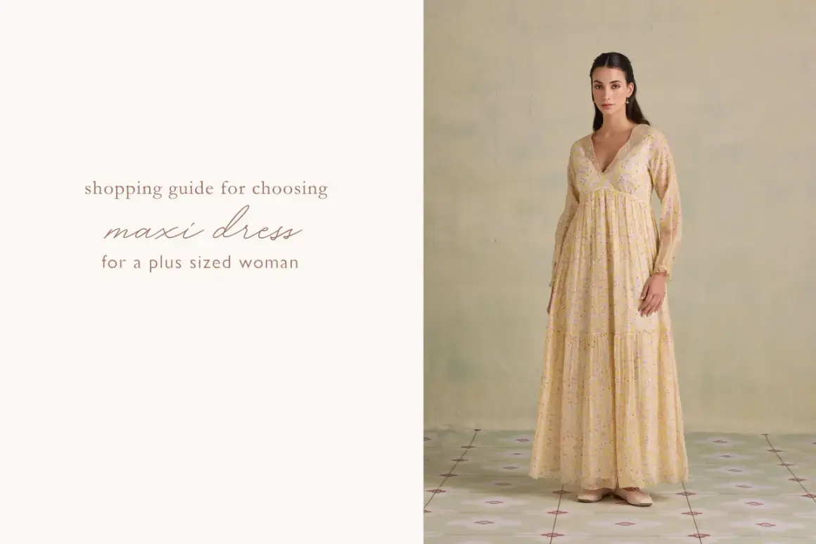 Kobieta w żółtej sukience maxi w kwiaty, stojąca na tle ściany.