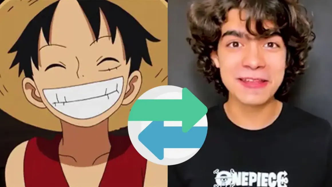 Anime-Charakter Monkey D. Luffy trifft auf einen jungen Mann, der ein One Piece T-Shirt trägt. Ein Symbol mit zwei Pfeilen verbindet sie.