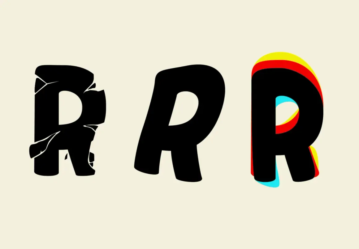 Trois lettres R noires sur fond crème. La première est fissurée, la deuxième est lisse, la troisième a un effet 3D coloré.