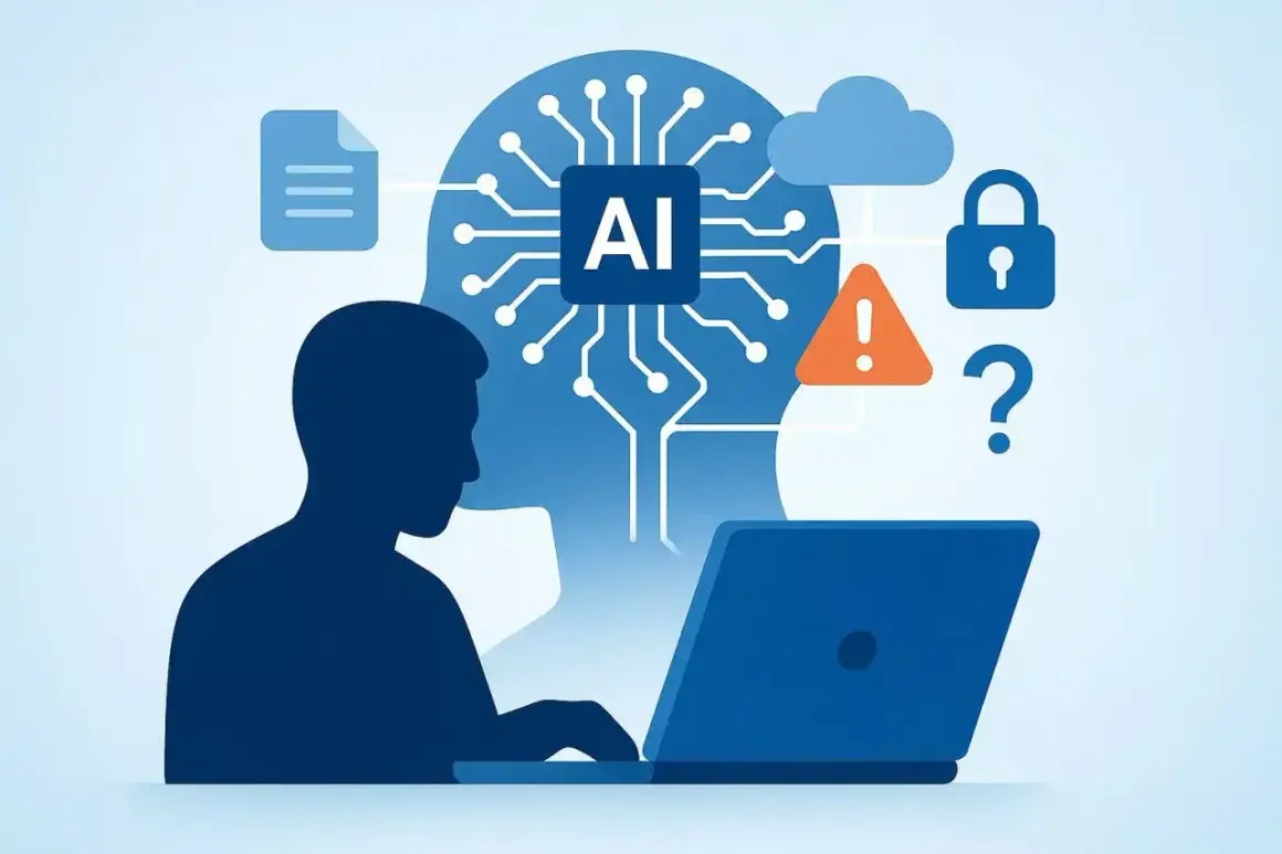 Człowiek pracuje przy laptopie, a w tle głowa z układem AI. Obok ikony chmury, kłódki i znaku zapytania. Może to być chatbot.