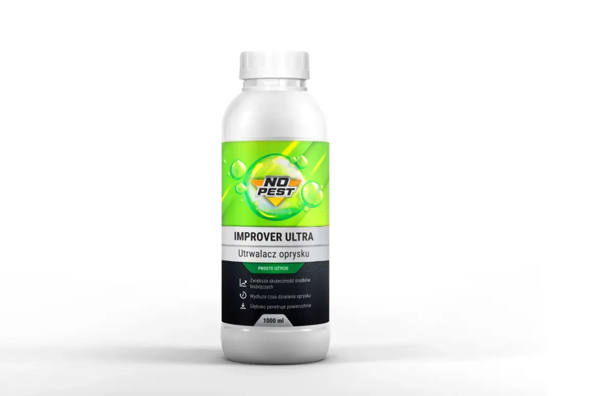 Butelka "IMPROVER ULTRA" z logo "NO PEST". Utrwalacz oprysku, zwiększa skuteczność środków biobójczych. Nie ma informacji o szkodliwości cipex 10e.