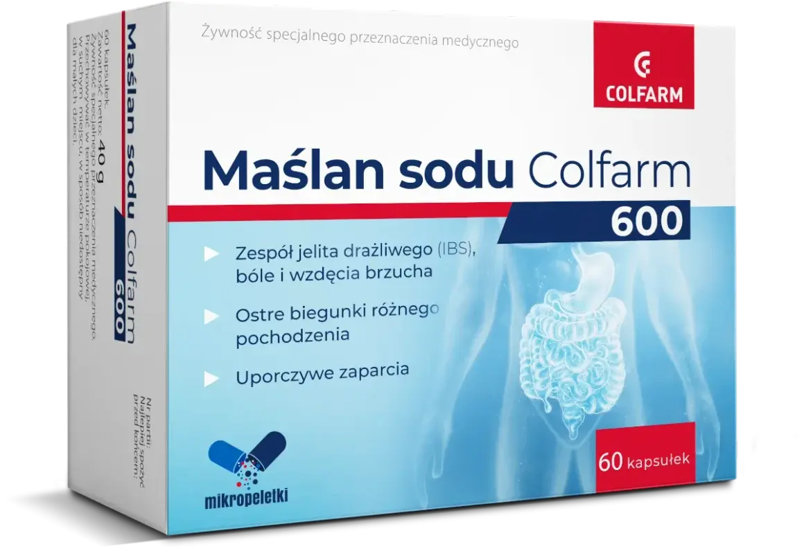Maślan sodu Colfarm 600 na zespół jelita drażliwego, biegunki i zaparcia. Mikropeletki w kapsułkach.