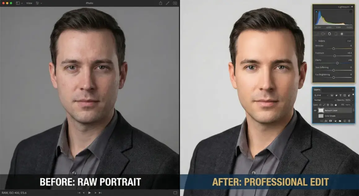 Before and after portrait comparison, showcasing photo editing tips with adjustments for exposure, clarity, and skin softening in Lightroom.