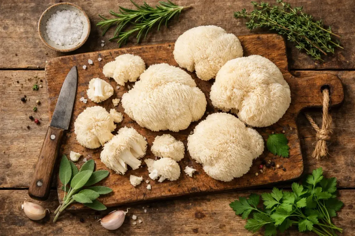 Hongos melena de león, frescos y listos para cocinar, junto a hierbas aromáticas y ajo en una tabla de madera.