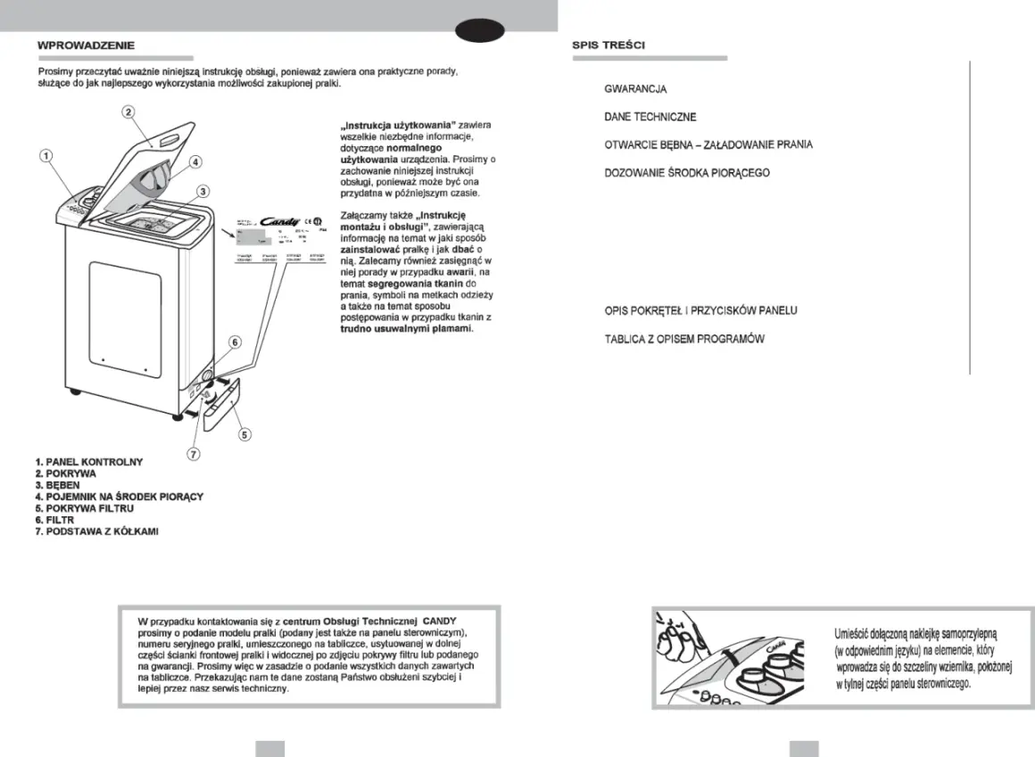 Ilustracja z instrukcji obsługi pralki Candy Smart pokazuje schemat pralki z ponumerowanymi elementami, np. panel kontrolny, bęben, filtr.
