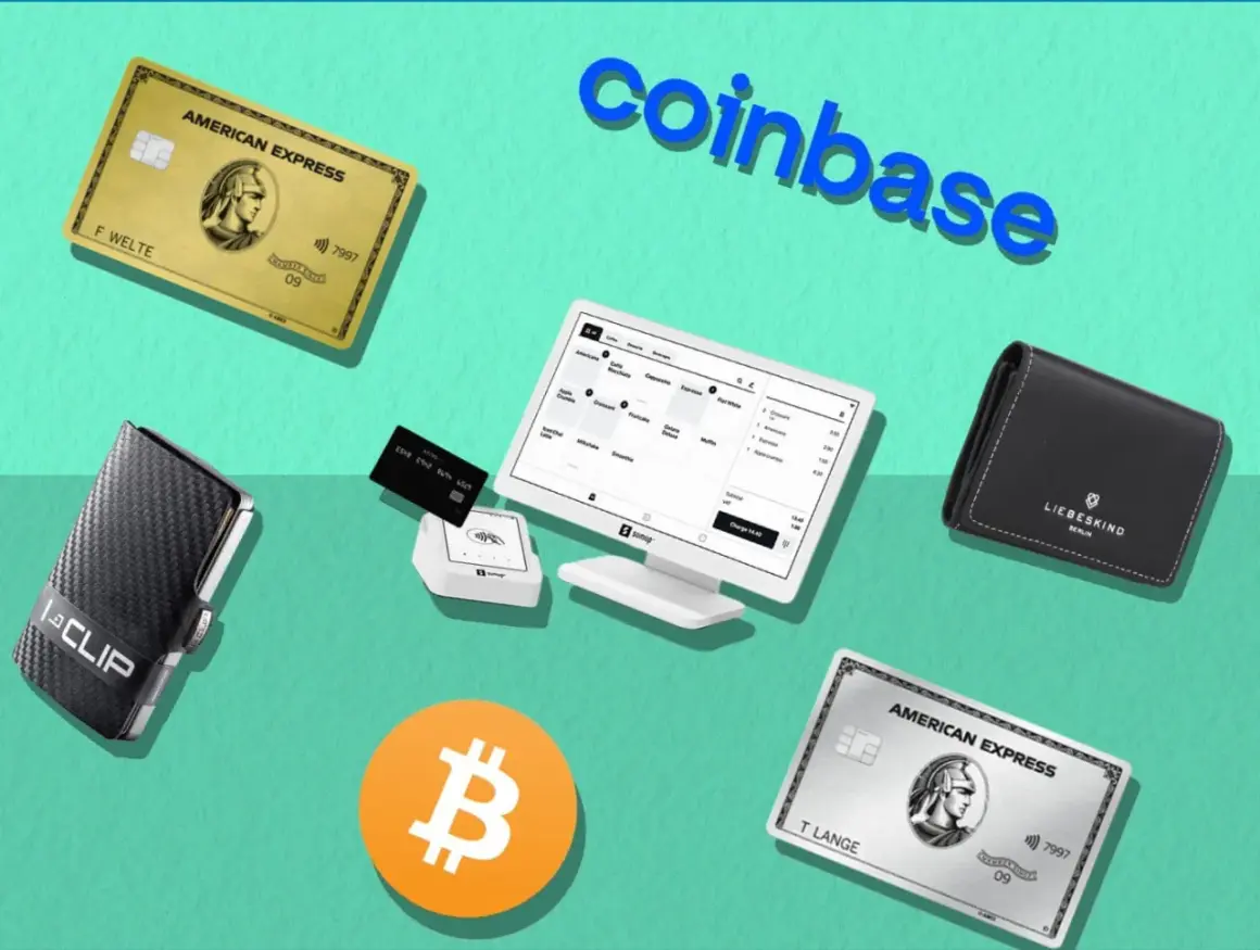Kreditkarten, ein Portemonnaie und ein Bitcoin-Symbol liegen neben einem Tablet, das eine Kasse zeigt. Dies könnte eine Darstellung von **Ecuador Bitcoin**-Zahlungen sein, die über Coinbase abgewickelt werden.