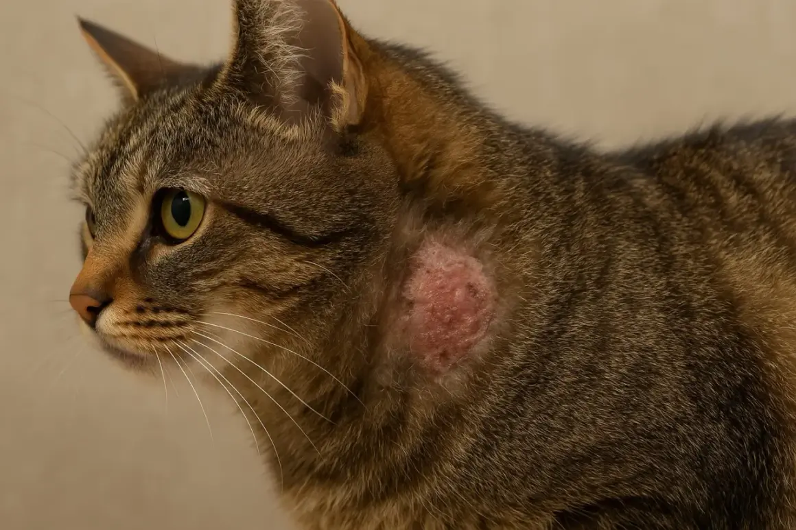 Un chat tigré présente une lésion cutanée rouge et irritée sur le flanc, possiblement due à une teigne menton chat.