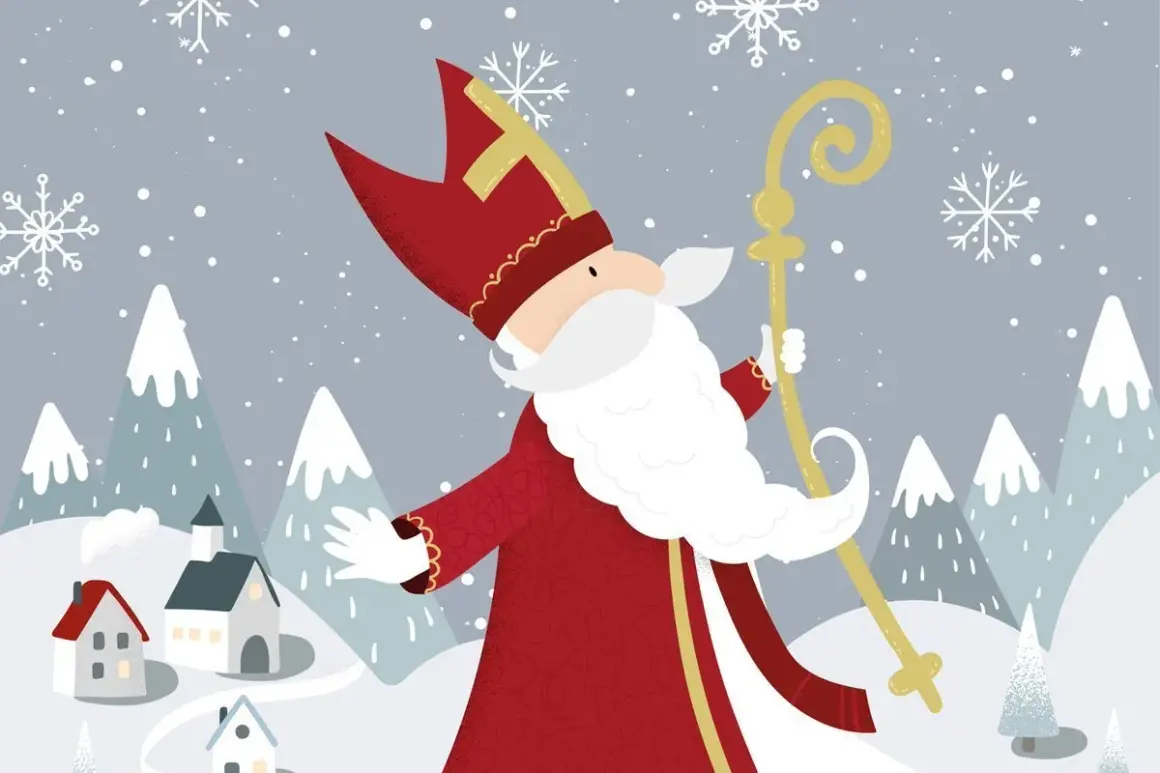 Nikolaus in der Schweiz, mit seinem Stab und Mitra, steht vor verschneiten Bergen und kleinen Häusern.