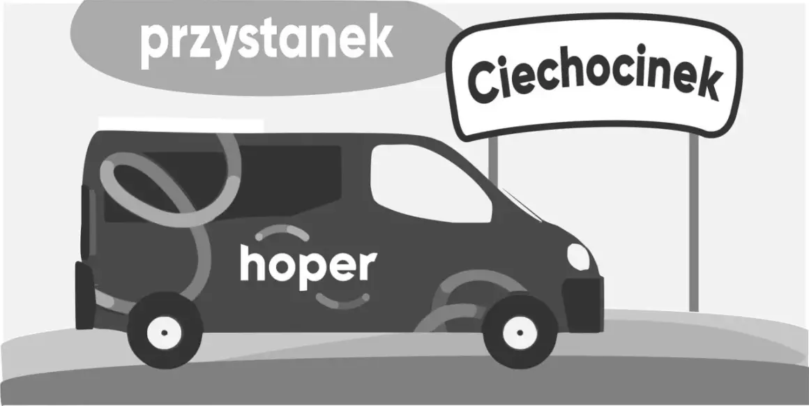 Bus "Hoper" na przystanku, gotowy do wyjazdu do Ciechocinka.